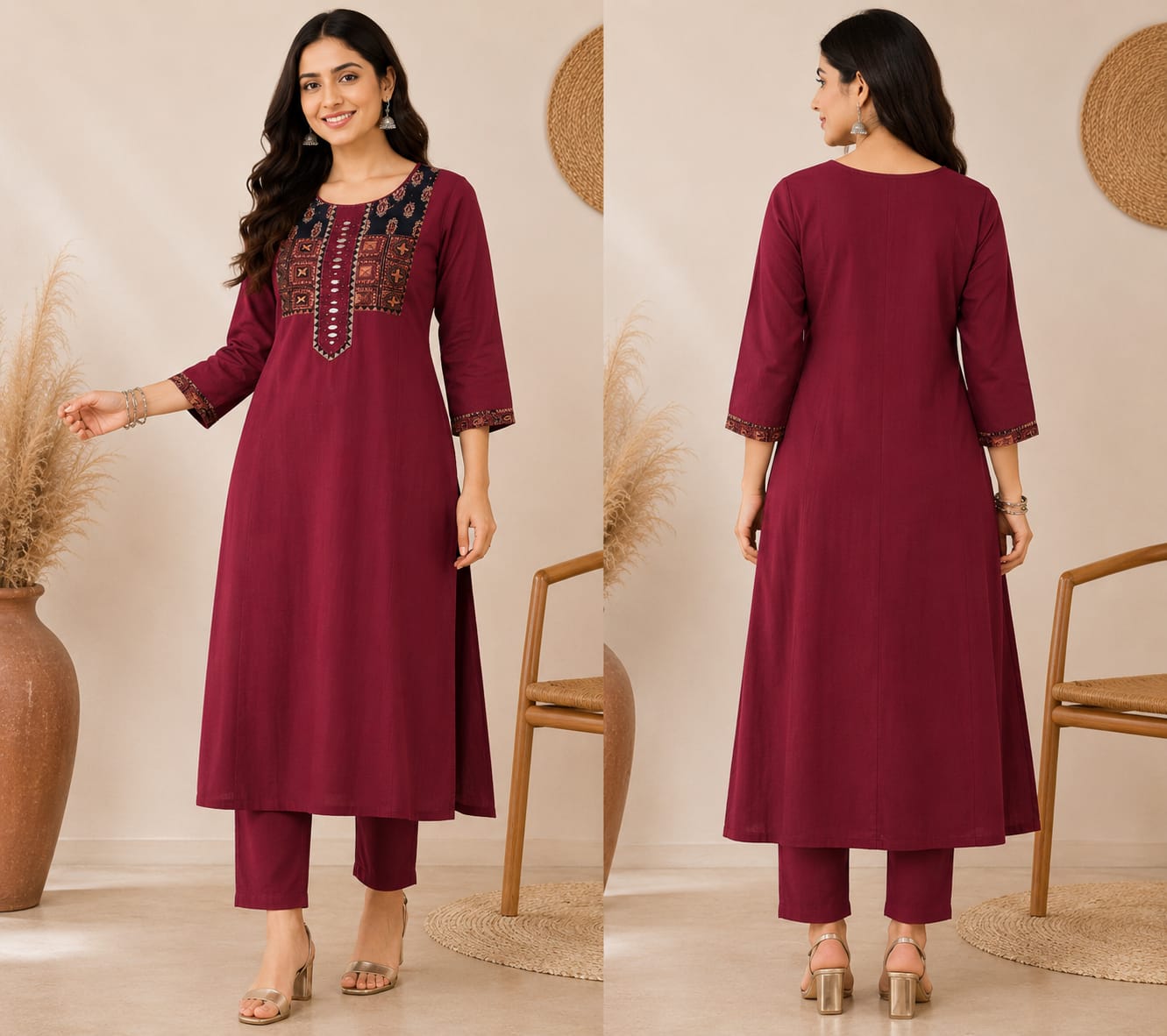 Maroon Embroidered Yoke Kurta with Pant Set