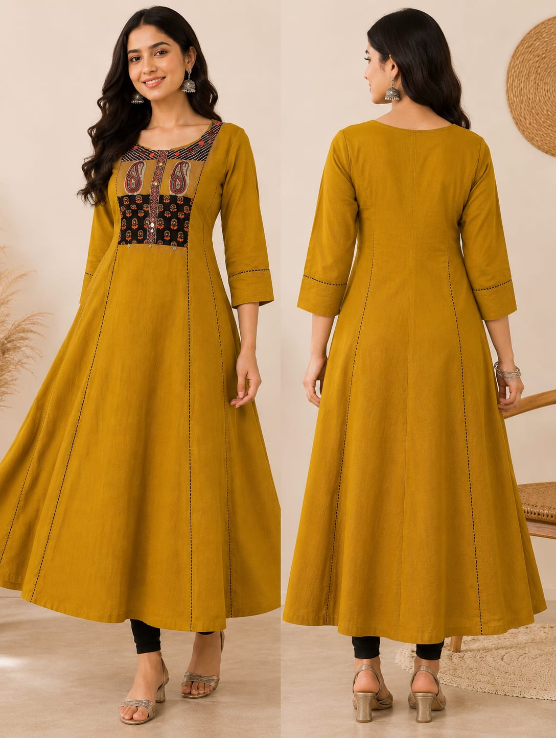 Mustard Paisley Embroidered Anarkali Kurta