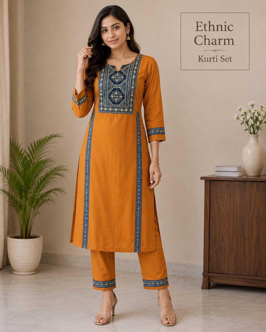 Ethnic Charm Mustard Embroidered Kurti