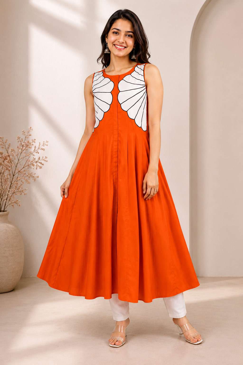 Terracotta Bloom Anarkali Kurta – Embroidered Yoke, Flared Fit