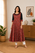 Maroon Floral Print Anarkali Kurta – Black Yoke, 3/4 Sleeve, Flared Fit