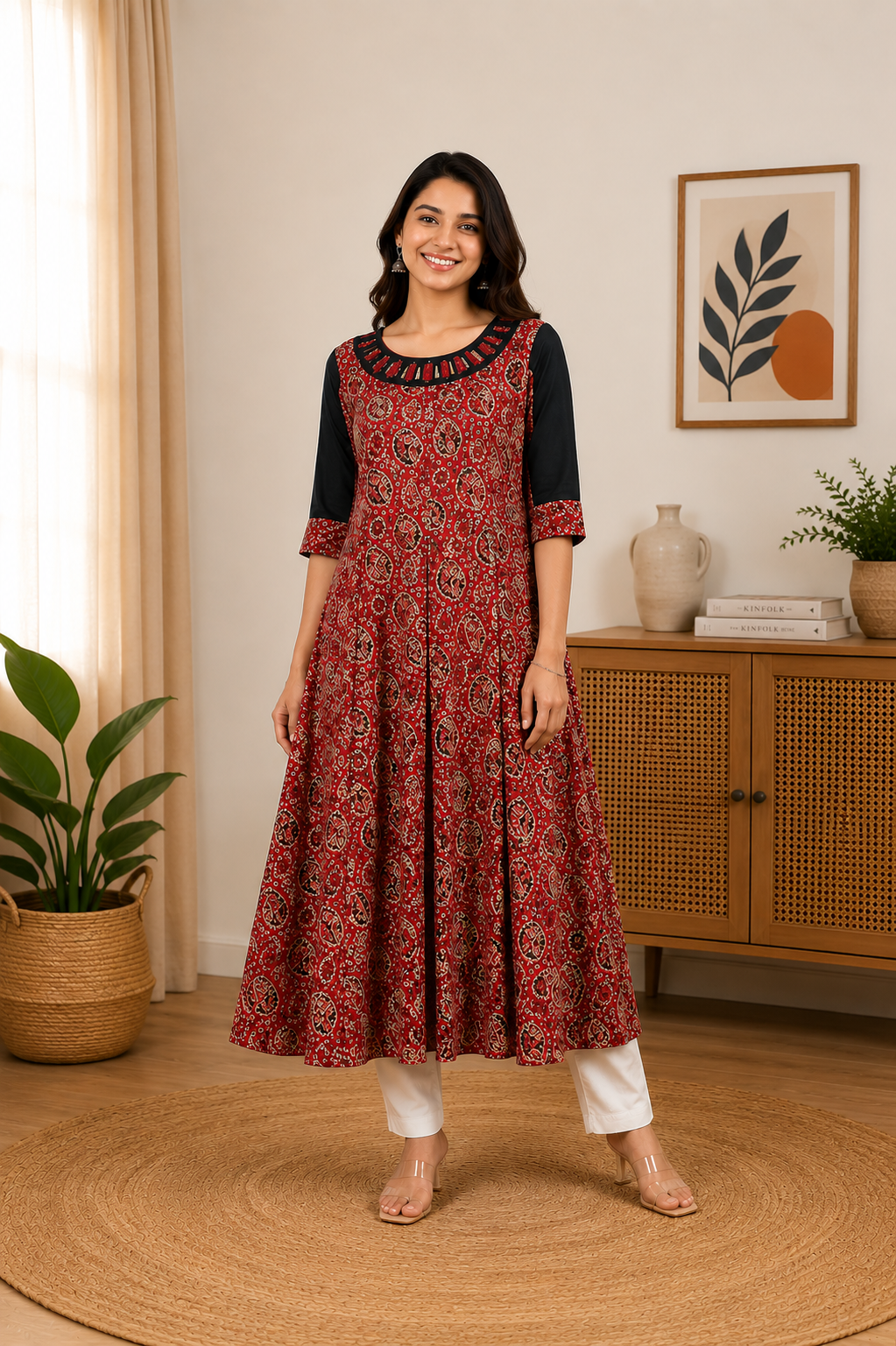 Maroon Floral Print Anarkali Kurta – Black Yoke, 3/4 Sleeve, Flared Fit