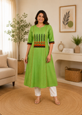 Lime Green Straight Kurta – Tribal Embroidered Yoke, Contrast Trim, 3/4 Sleeve