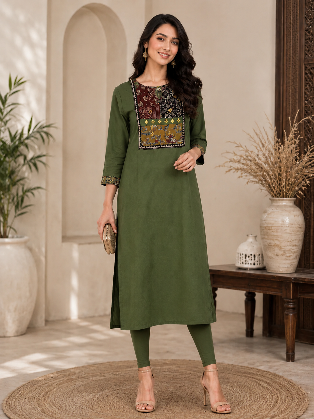 Olive Green Embroidered Straight Kurta