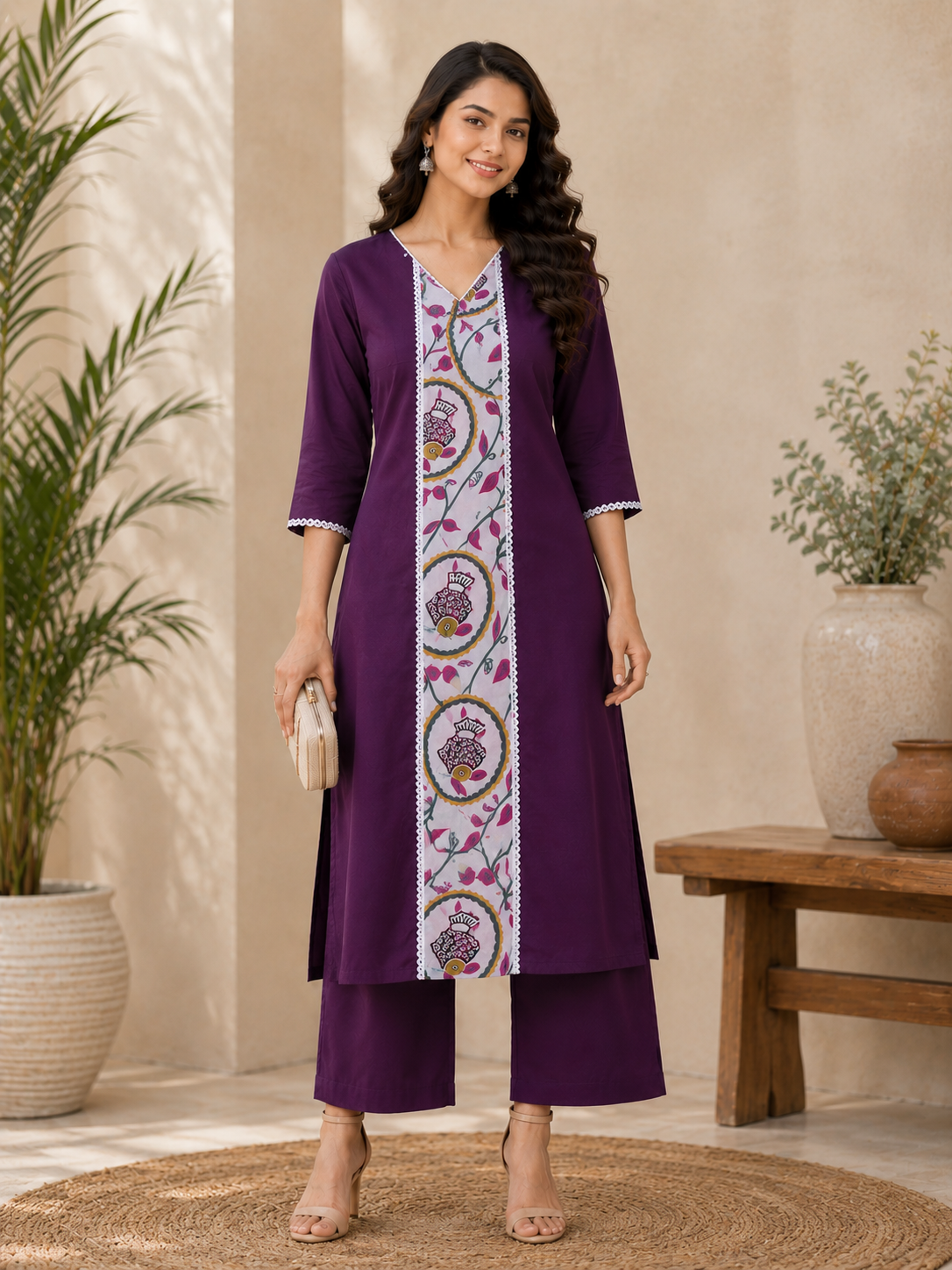 Purple Printed Straight Kurta